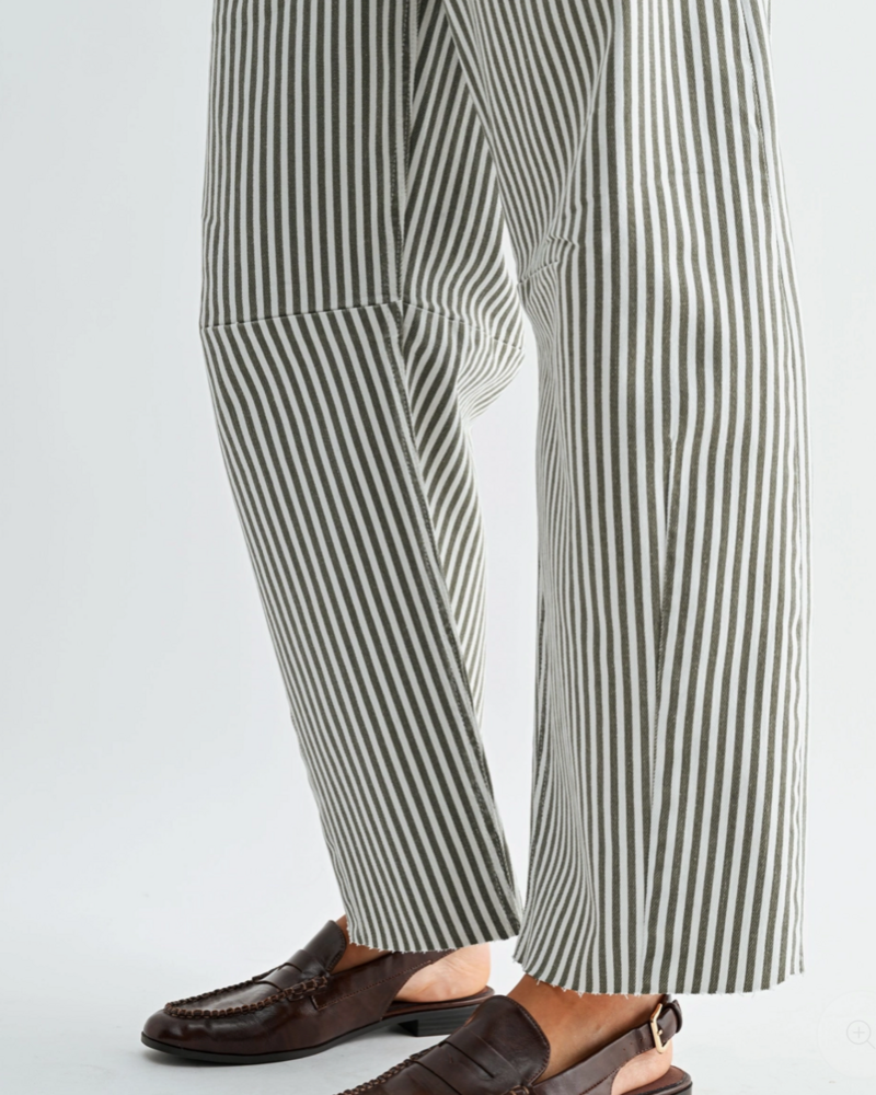 Just Black Denim Raw Hem Barrel Jean | Olive Stripe