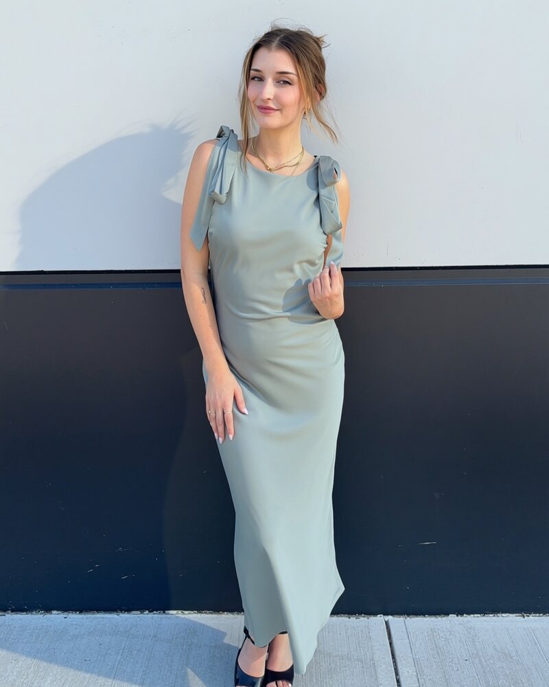 Camilia Solid Satin Midi Dress | Sage