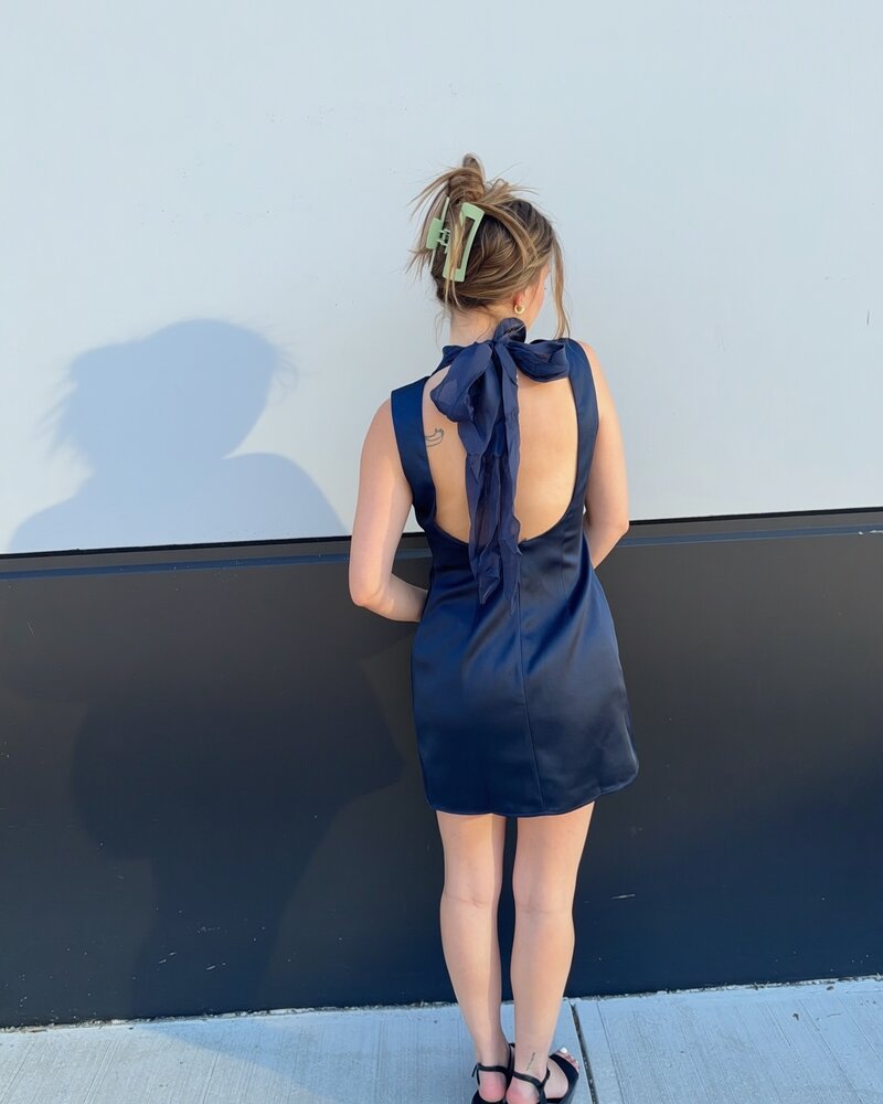 Organza Scarf Satin Mini Dress | Navy