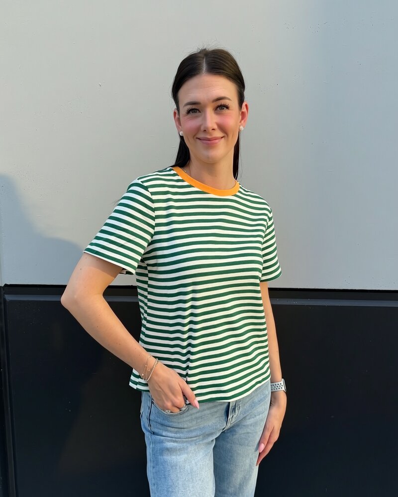 Soft Crew Neck Striped Tee | Green