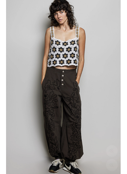 Floral Embroidered Twill Pant | Black
