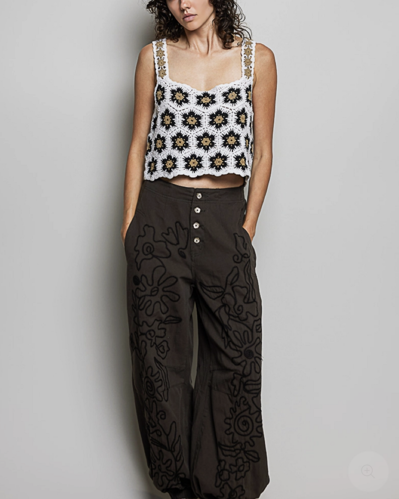 Floral Embroidered Twill Pant | Black