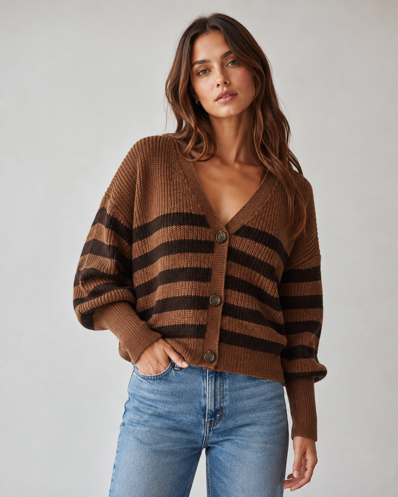 Vero Moda Lea V-Neck Cuff Cardigan | Brown Stripes