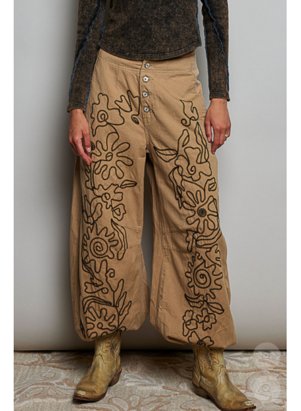 Floral Embroidered Twill Pant | Latte