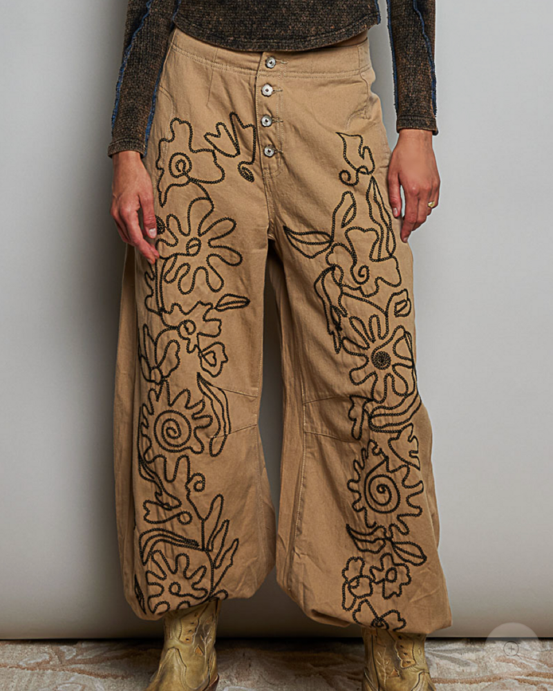 Floral Embroidered Twill Pant | Latte