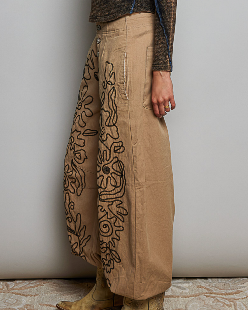 Floral Embroidered Twill Pant | Latte