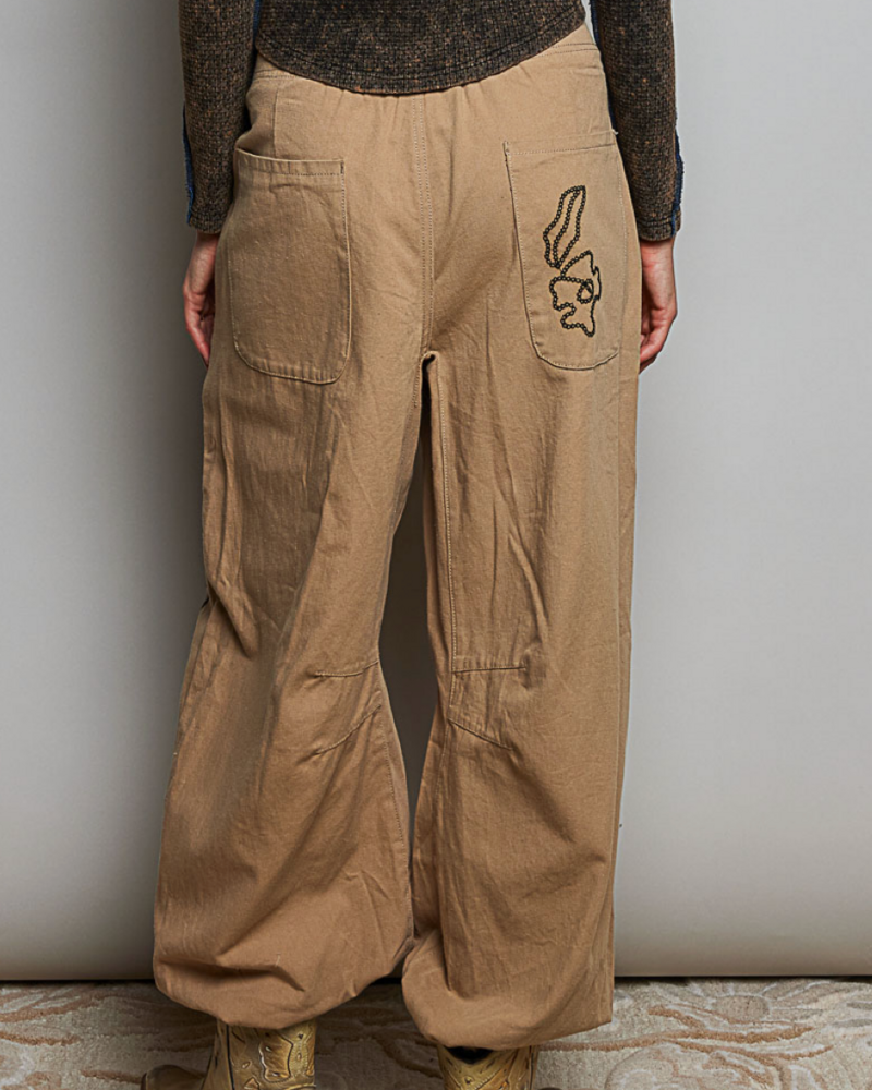 Floral Embroidered Twill Pant | Latte
