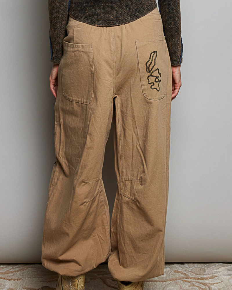 Floral Embroidered Twill Pant | Latte