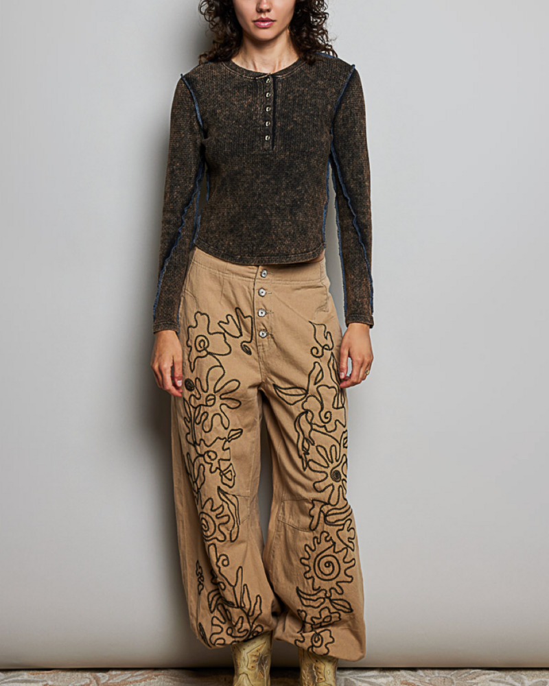 Floral Embroidered Twill Pant | Latte