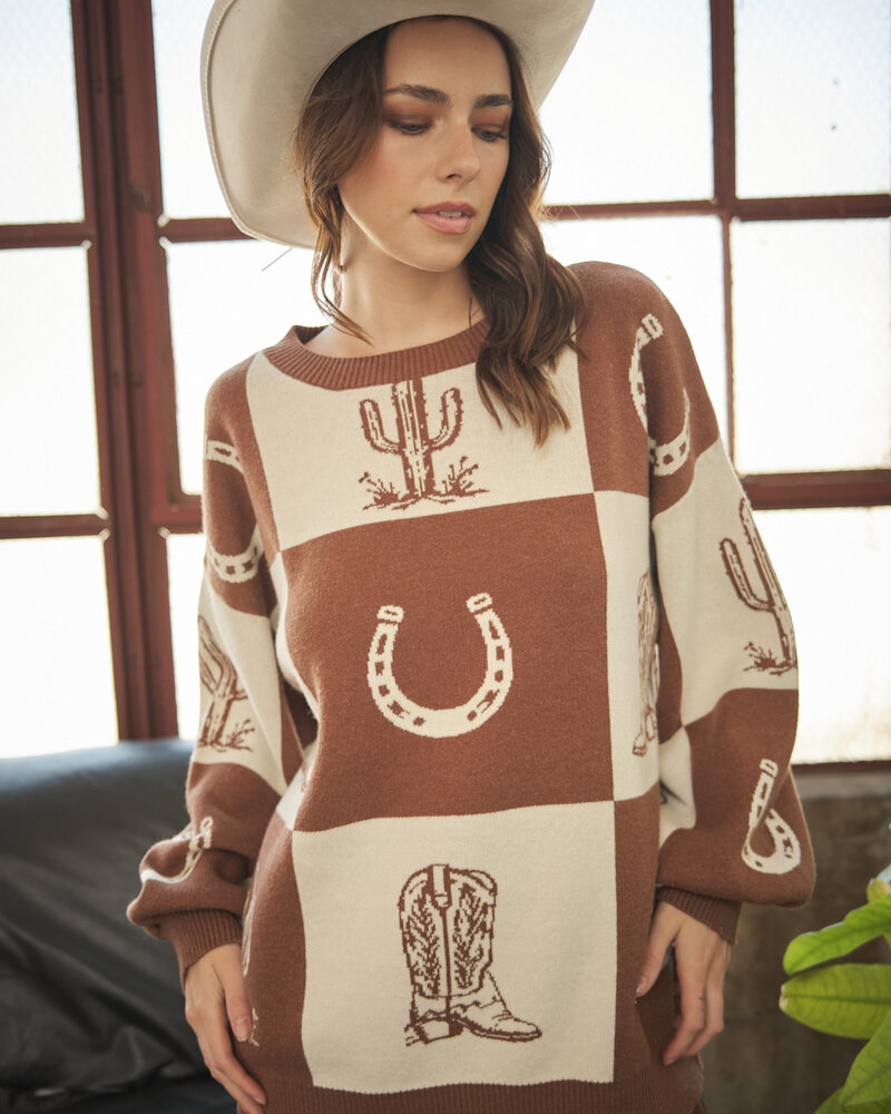 Western Checker Oversized Sweater