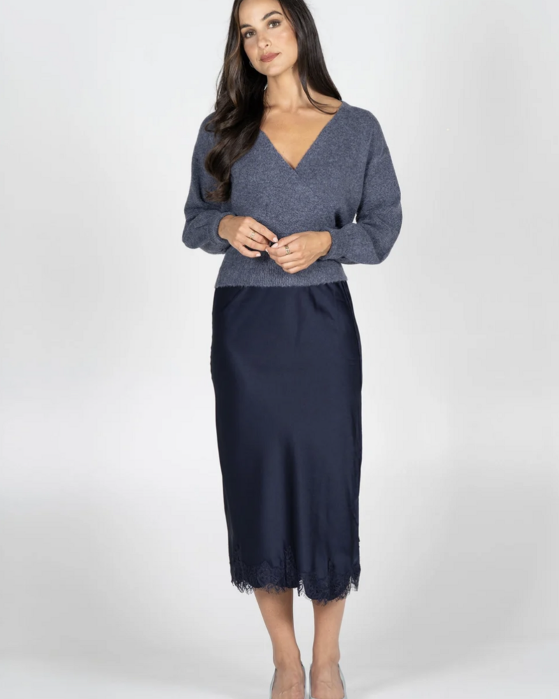 Sandra Satin Lace Trim Skirt | Navy