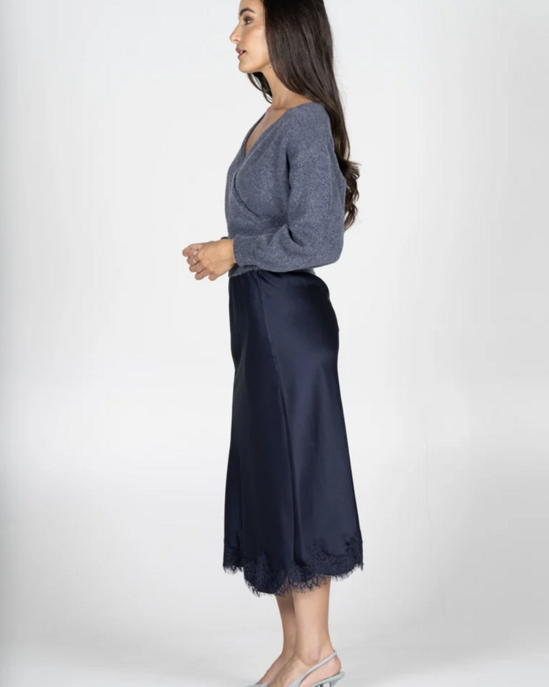 Sandra Satin Lace Trim Skirt | Navy
