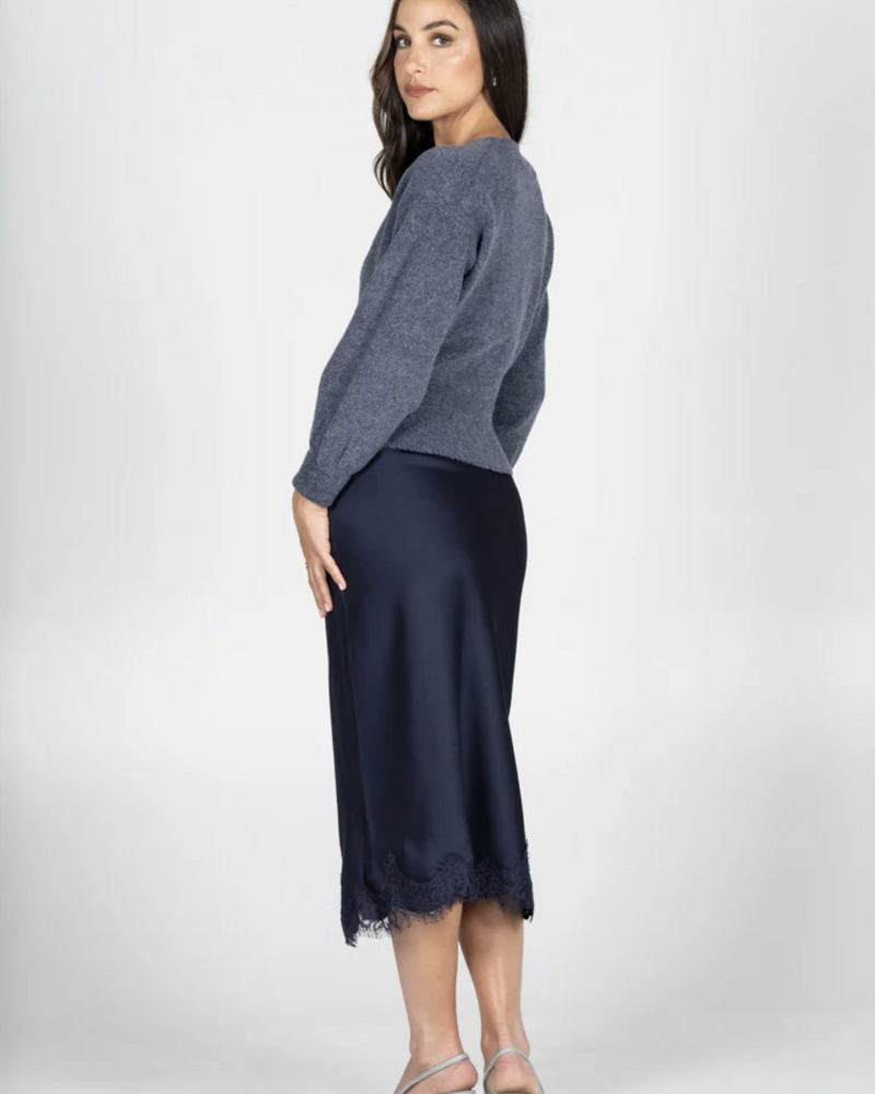 Sandra Satin Lace Trim Skirt | Navy