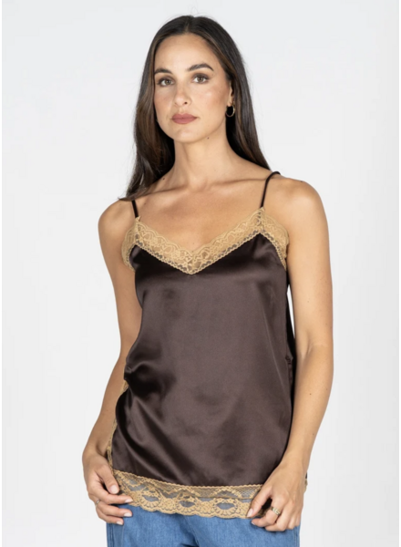 Sandra Satin Lace Trim Cami | Brown