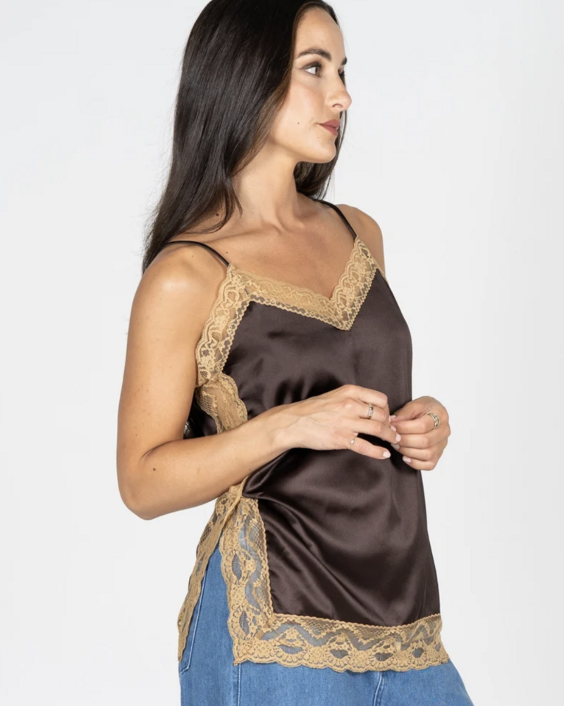 Sandra Satin Lace Trim Cami | Brown