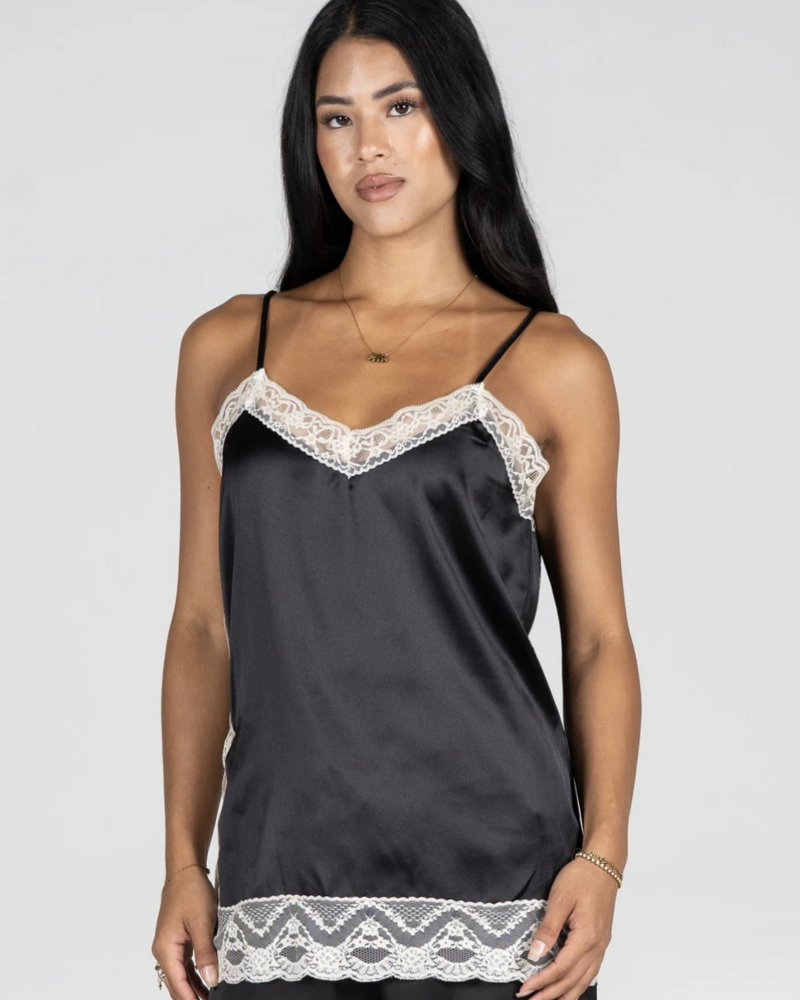 Sandra Satin Lace Trim Cami | Black