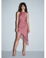 Hannah Satin Asymmetrical Fringe Halter Dress
