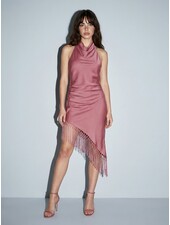 Hannah Satin Asymmetrical Fringe Halter Dress