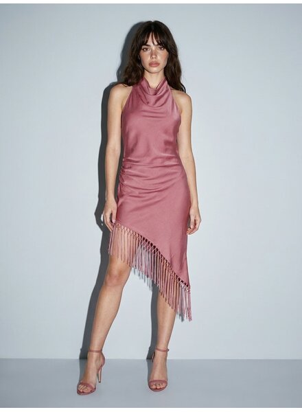 Hannah Satin Asymmetrical Fringe Halter Dress