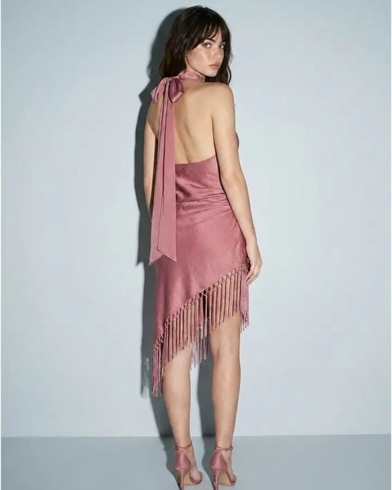Hannah Satin Asymmetrical Fringe Halter Dress