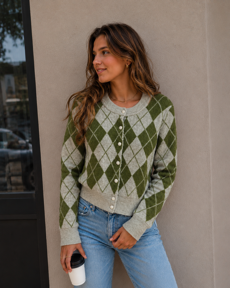Vero Moda Halo Argyle Cardigan | Green