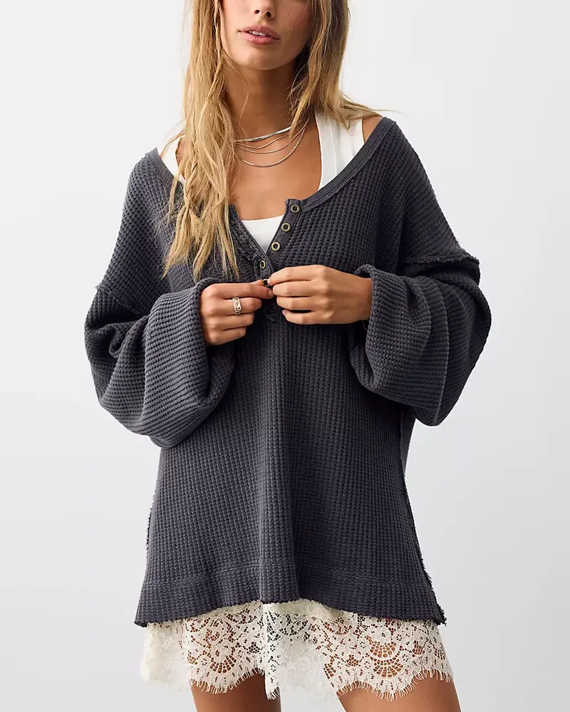 Free People Montreal Oversized Thermal Henley | Black