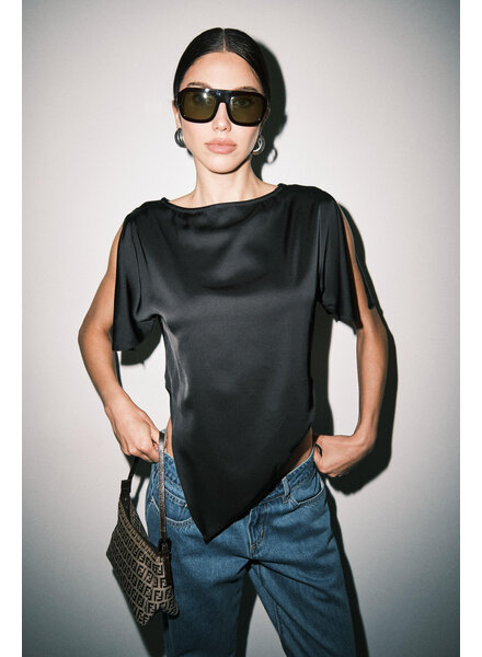 Carlie Asymmetric Scarf Hem Blouse | Black
