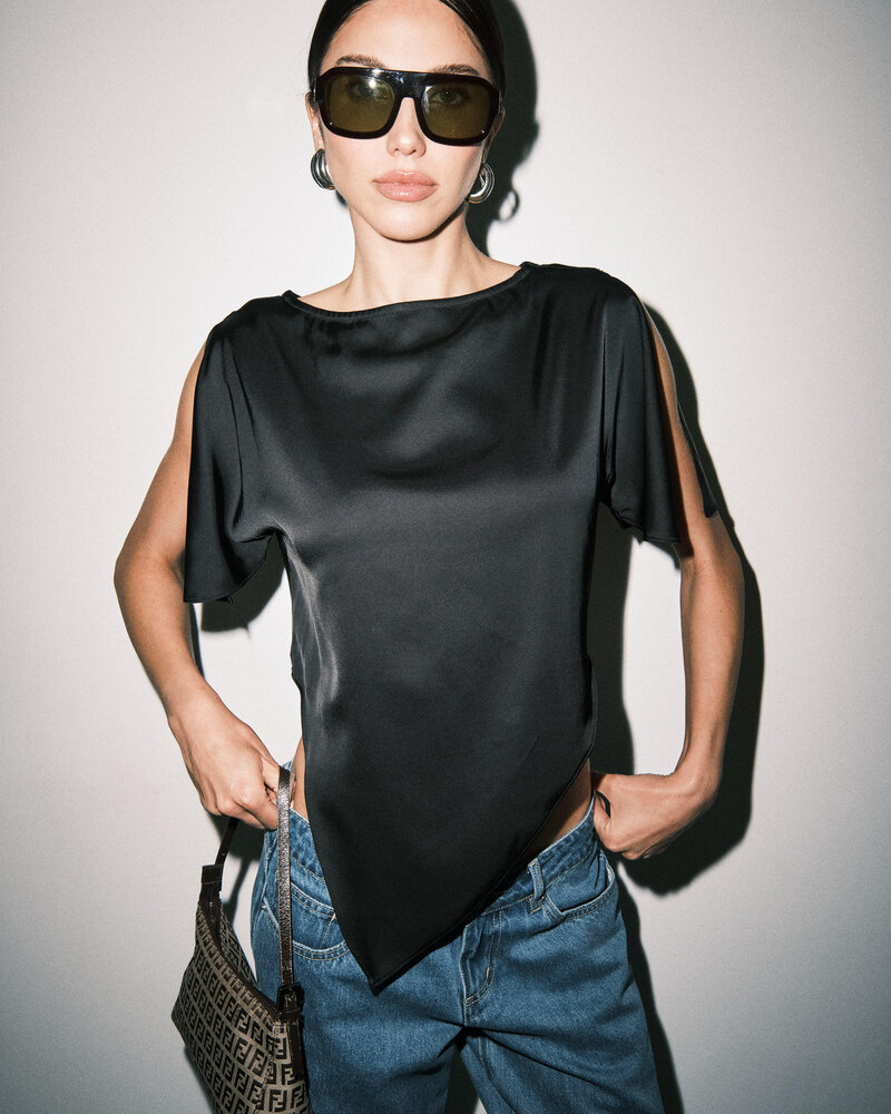 Carlie Asymmetric Scarf Hem Blouse | Black