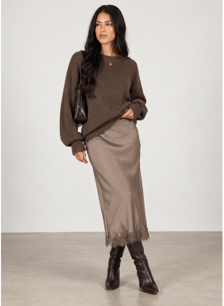 Sandra Satin Lace Trim Skirt | Taupe