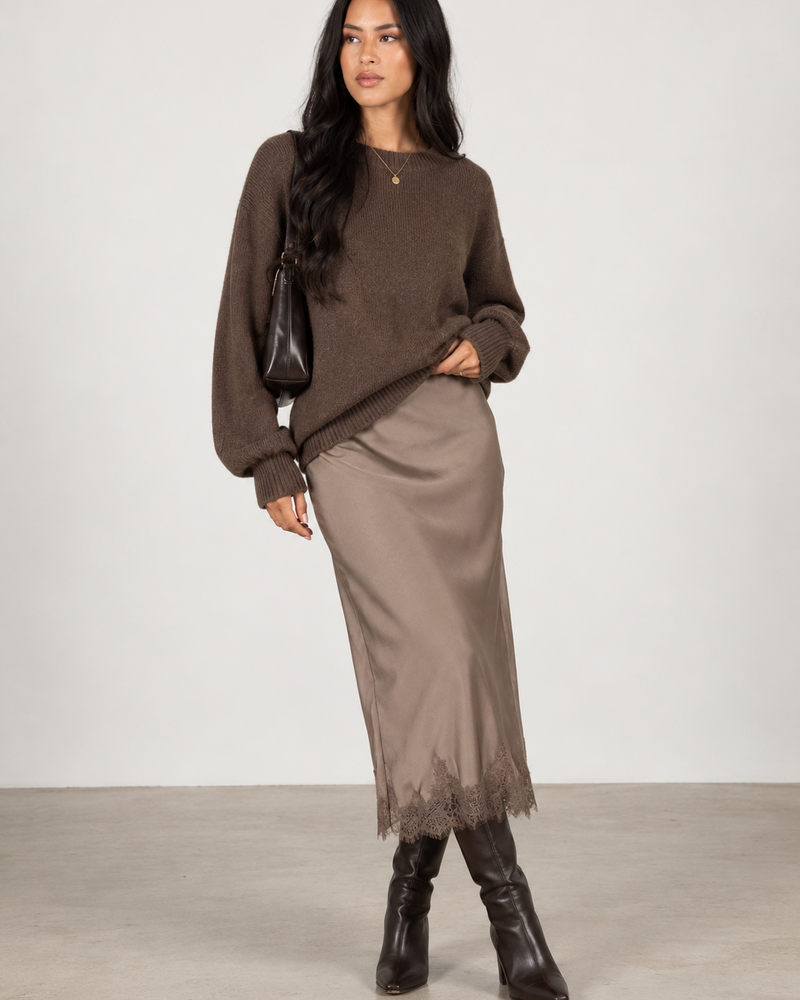 Sandra Satin Lace Trim Skirt | Taupe