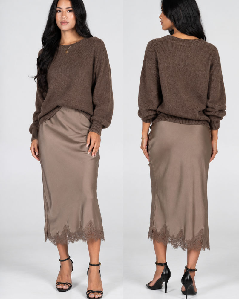 Sandra Satin Lace Trim Skirt | Taupe