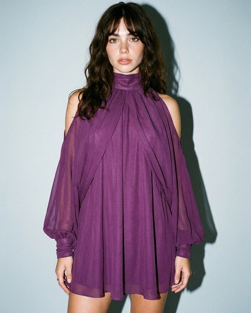 Cold Shoulder Chiffon Dress | Magenta
