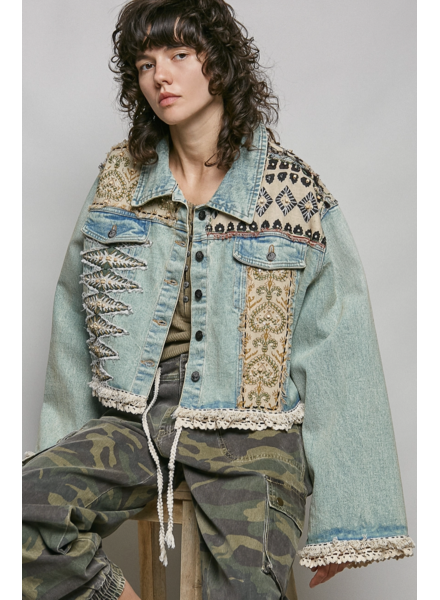 Landon Lace Beaded Patchwork Denim Jacket