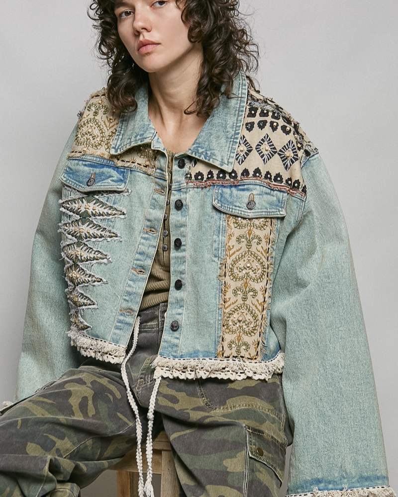 Landon Lace Beaded Patchwork Denim Jacket
