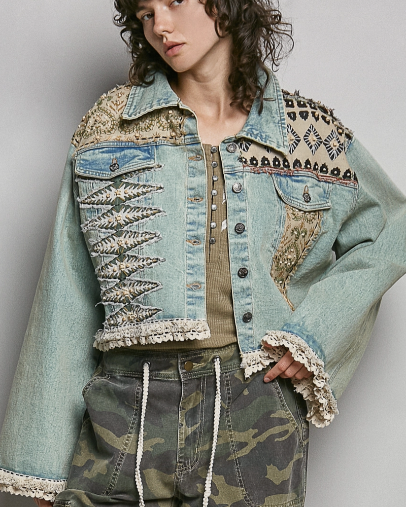 Landon Lace Beaded Patchwork Denim Jacket