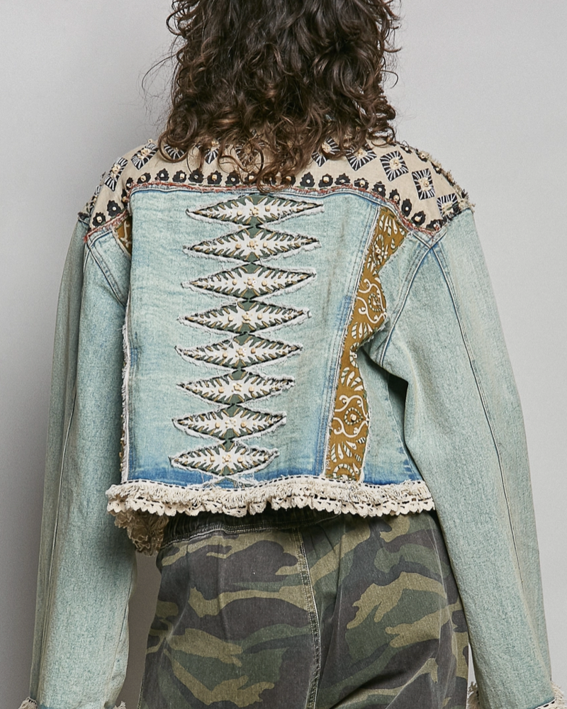 Landon Lace Beaded Patchwork Denim Jacket