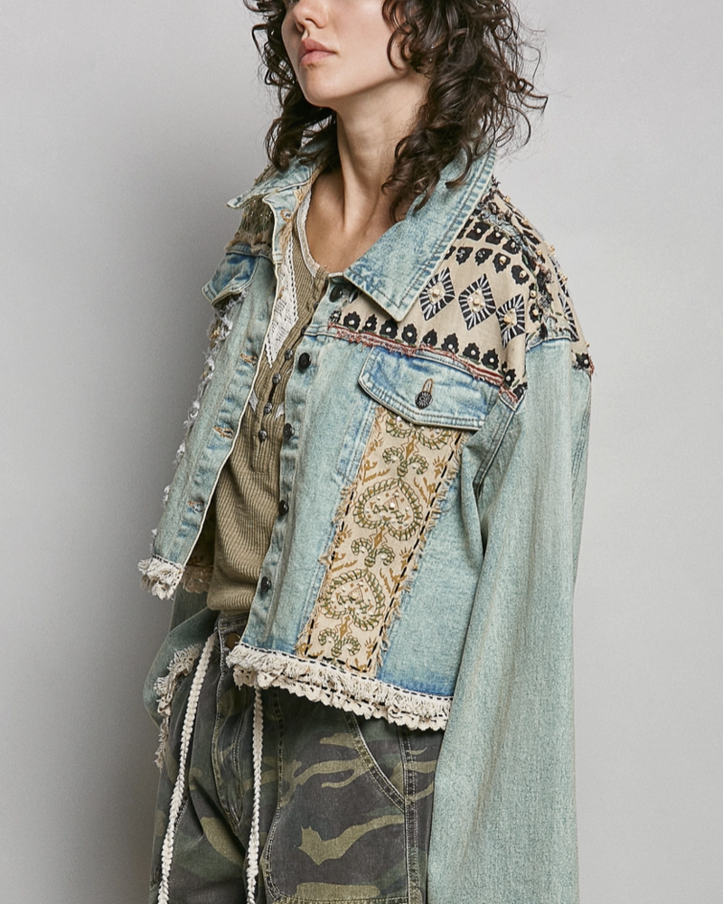 Landon Lace Beaded Patchwork Denim Jacket