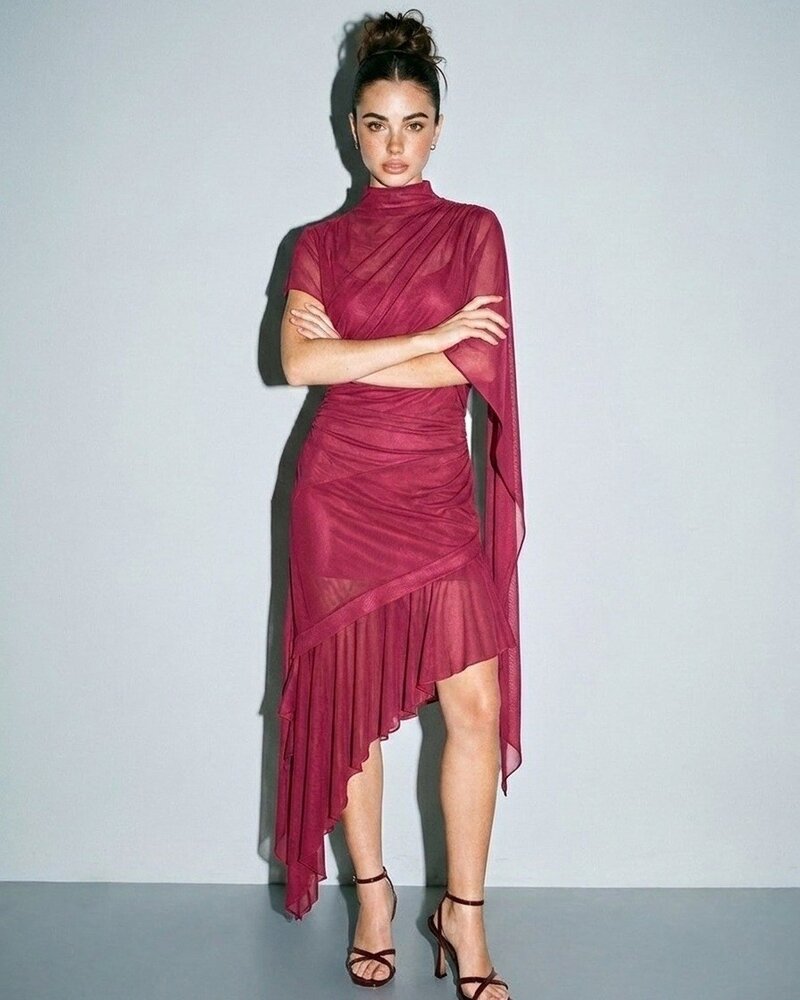 Raspberry Sheer Asymmetrical Dress