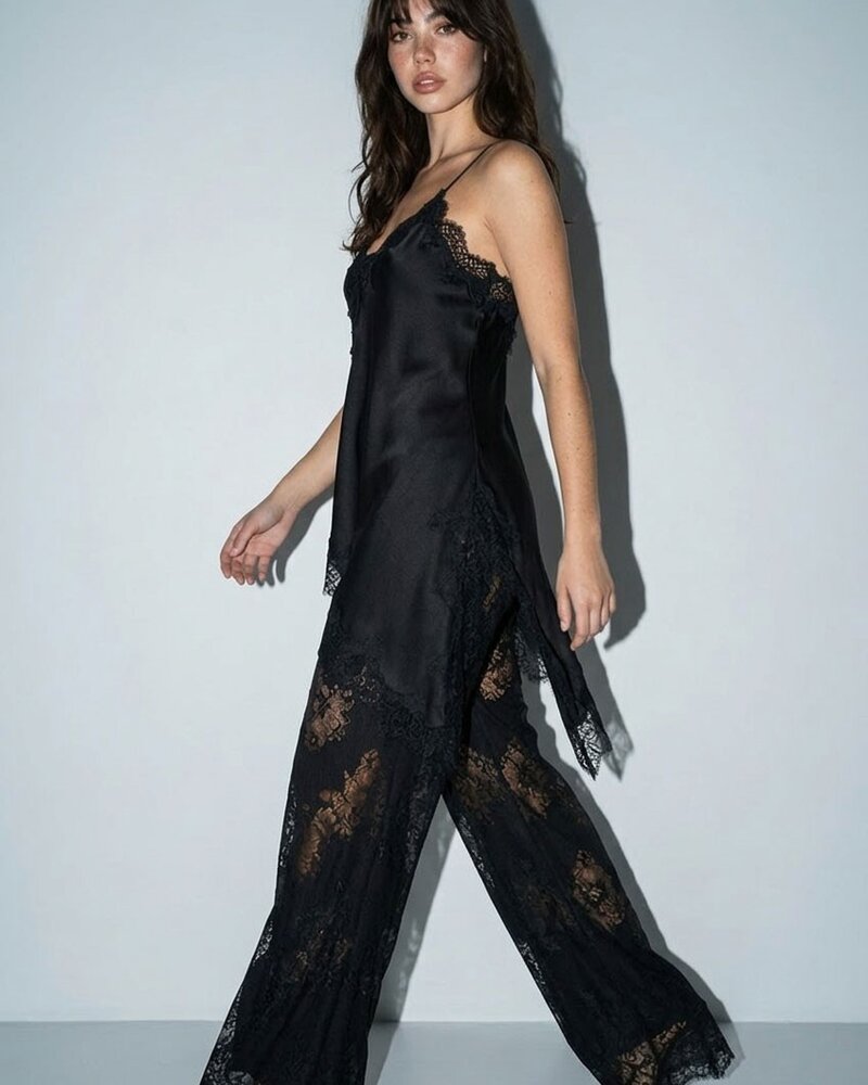 Satin Lace Trim Cami and Pants Set | Black