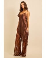 Satin Lace Trim Cami and Pants Set | Brown