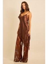 Satin Lace Trim Cami and Pants Set | Brown