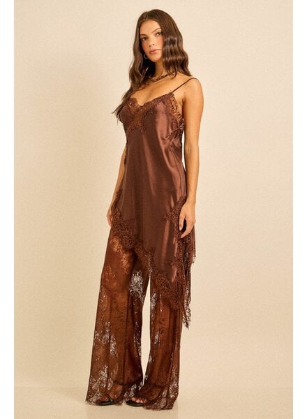Satin Lace Trim Cami and Pants Set | Brown