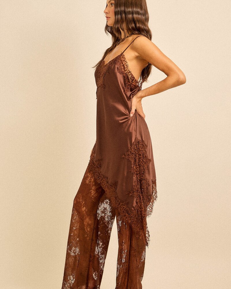 Satin Lace Trim Cami and Pants Set | Brown