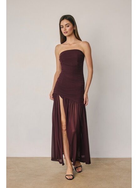 Cherry Strapless Ruched Mesh Maxi Dress