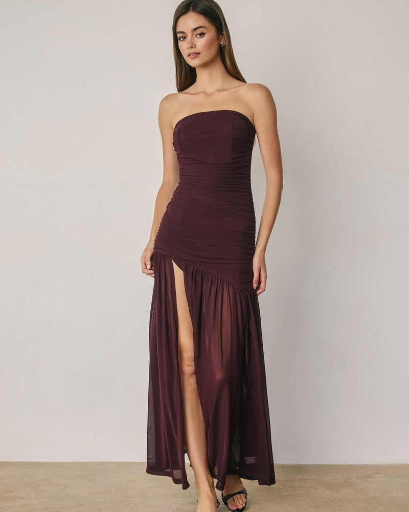 Cherry Strapless Ruched Mesh Maxi Dress