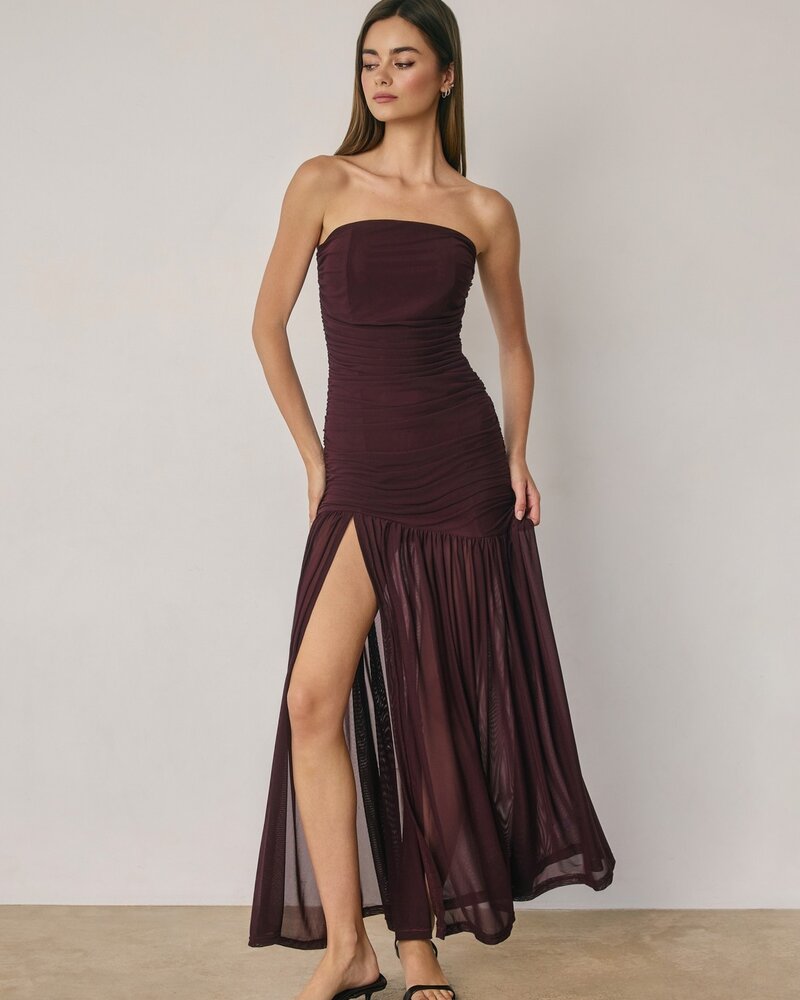 Cherry Strapless Ruched Mesh Maxi Dress