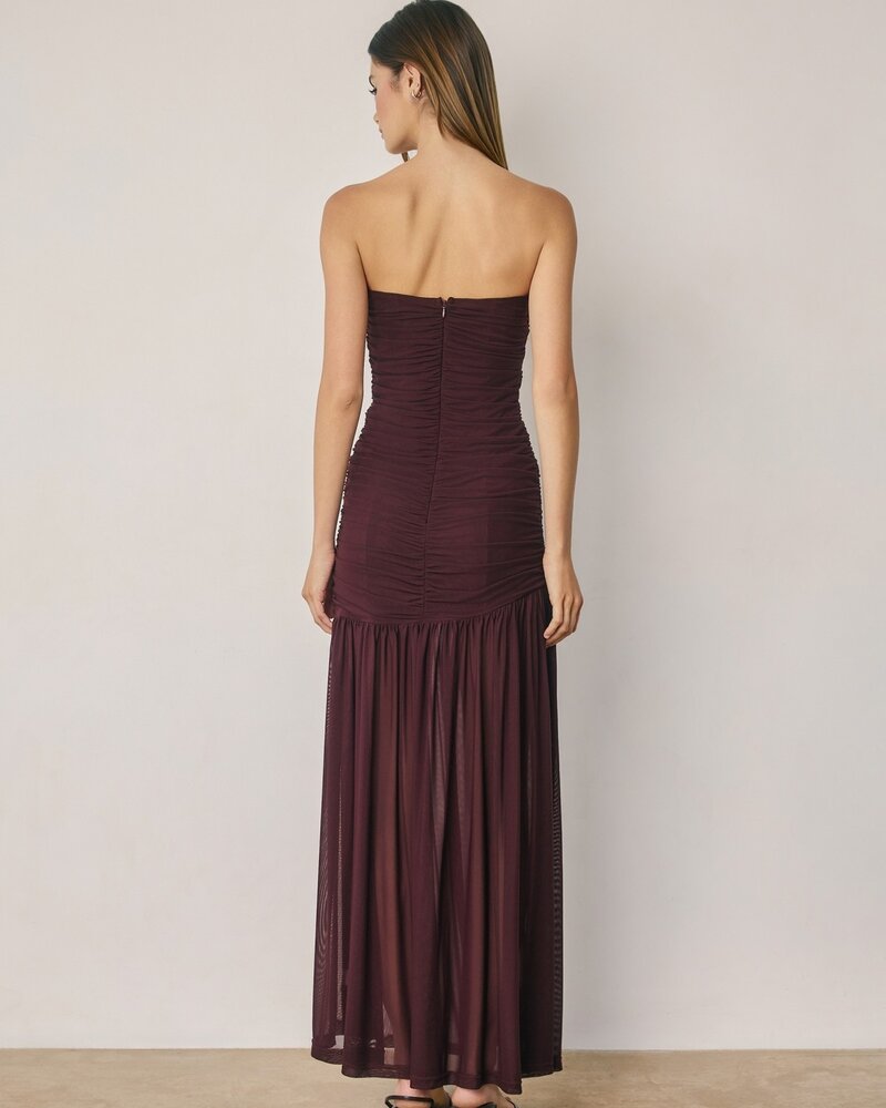 Cherry Strapless Ruched Mesh Maxi Dress