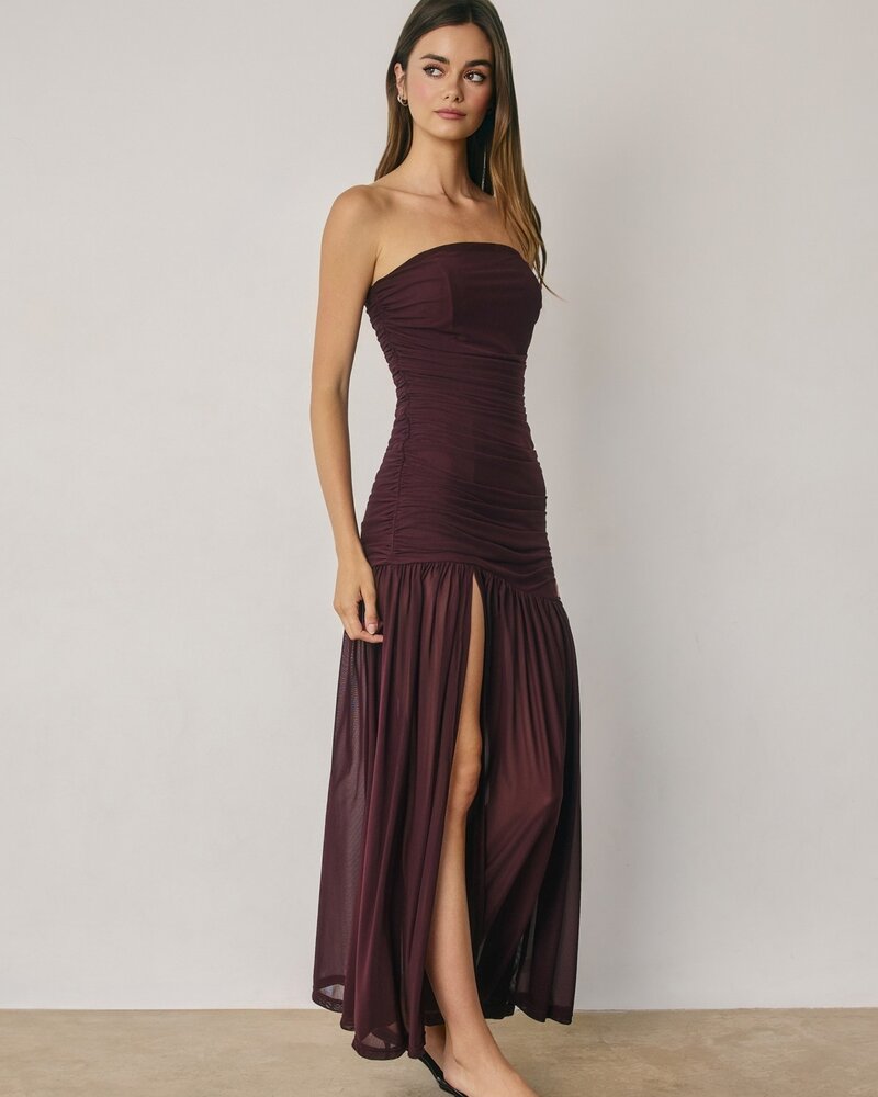 Cherry Strapless Ruched Mesh Maxi Dress