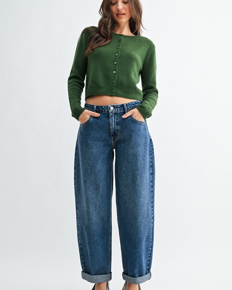 Just Black Denim Bobbie Mid Rise Cuffed Barrel Jean | Dark Denim