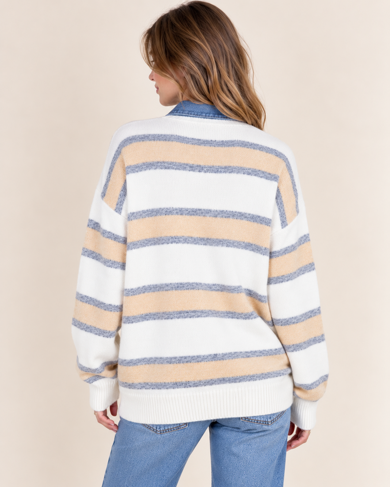 Candice Denim Trim Sweater Top | Yellow Stripe